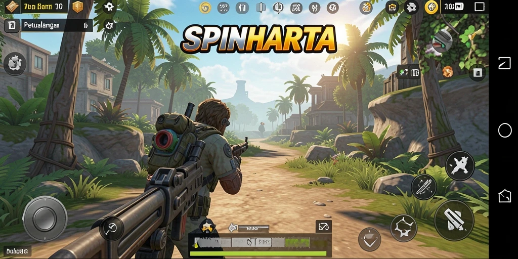 Screenshot utama SPINHARTA menampilkan aksi seru dalam gameplay TPS.